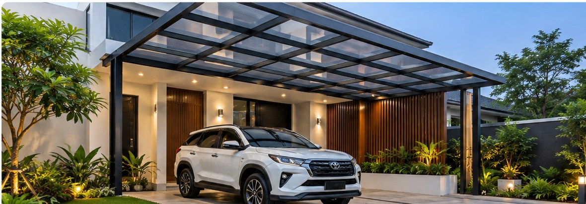 Kanopi carport modern dengan atap transparan