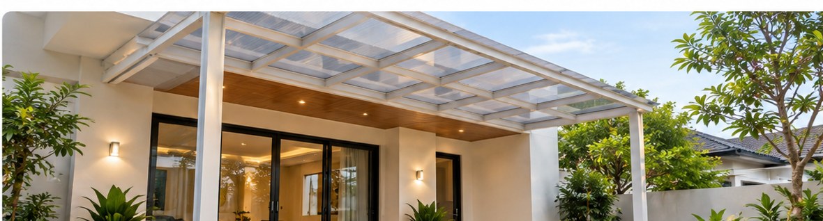 Kanopi teras modern dengan struktur terang